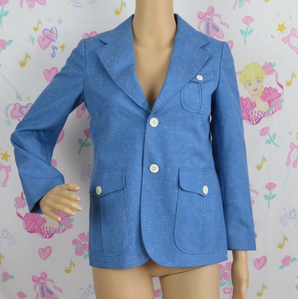 Vintage Blazer Work Jacket Business Blue White Office Boss Cute Button